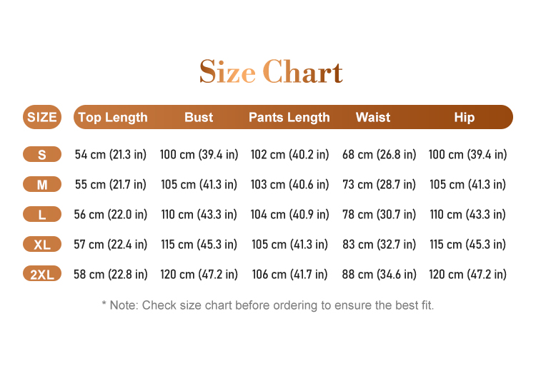 SerenaEase size chart in inches